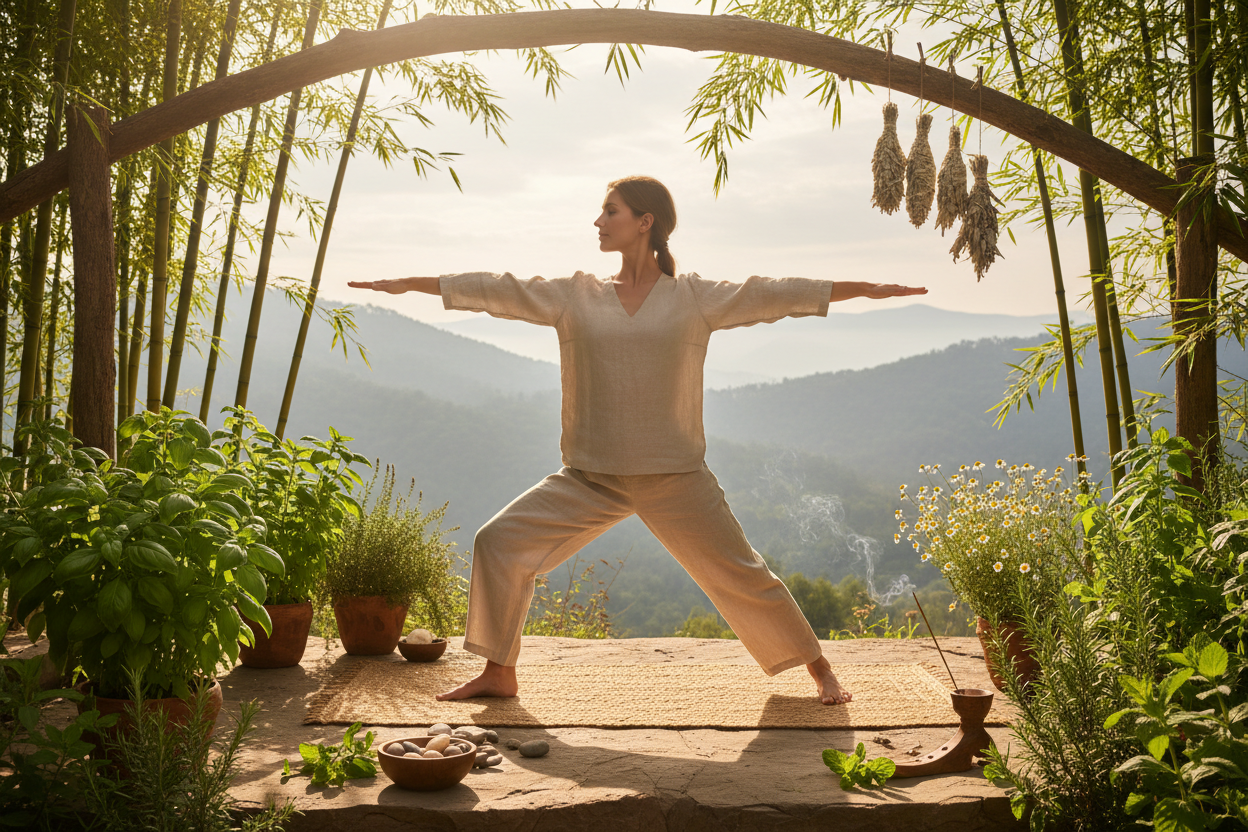 well ness photo with  yoga and natural herbs